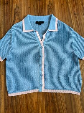 Zara knit oversized cropped sweater short sleeve buttons blue pink